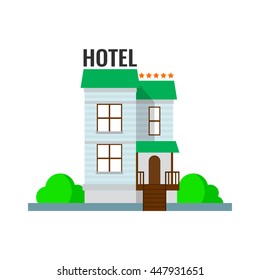 Hotel icon. Five stars. Modern hotel building. Flat style vector illustration.