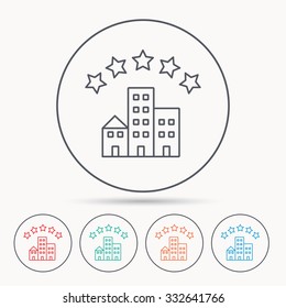 Hotel icon. Five stars service sign. Luxury resort symbol. Linear circle icons.