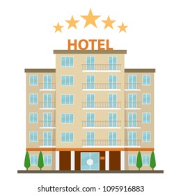 Hotel, hotel icon. Five-star hotel on a white background. Flat design, vector illustration, vector.