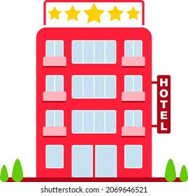 Hotel Icon Isolated On White Background. Red five star hotel icon in flat design. Cartoon illustration of the hotel. Vector.