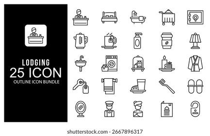 Icono del hotel. Paquete de Ilustración vectorial de contorno de icono de alojamiento. paquete de iconos de contorno blanco y negro.