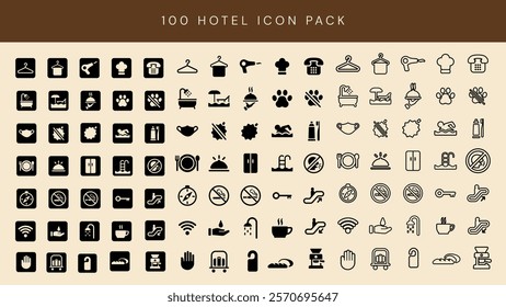 Hotel icon pack with 100 icons. Includes amenities, services, and facilities. Perfect for hotel branding, hotel signage, and hotel marketing materials. User interface icon vector set.