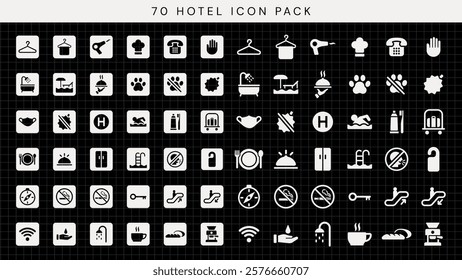 Hotel icon pack with 70 icons. Includes symbols for amenities, services, and facilities. Ideal for hotel, travel, and hospitality designs. Simple, clear icons. User interface icon vector set.