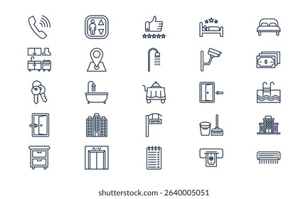 Hotel icon representing hospitality, travel accommodation, and guest services in outline style