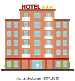 Hotel, hotel con icono, reservación, portero, recreación, edificio. Diseño plano, vector.