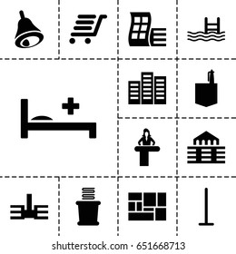Hotel icon. set of 13 filled hotelicons such as airport desk, modern curved building, building, mop, towels, office room, pool, lugagge, luggage cart, medical bed