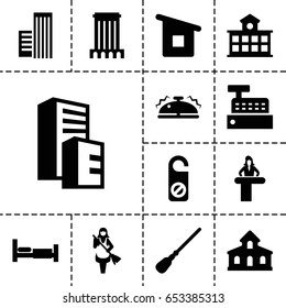 Hotel icon. set of 13 filled hotelicons such as airport desk, bed, building, mop, do not disturb, maid, house building