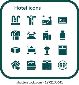  hotel icon set. 16 filled hotel icons. Simple modern icons about  - Swimming pool, Bathrobe, Beach, Safebox, Robe, Island, Building, Canteen, Pool, Room service, Space needle