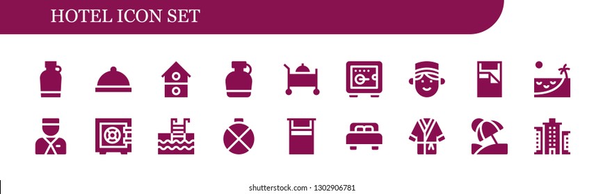  Hotel Icon Set. 18 Filled Hotel Icons.  Simple Modern Icons About  - Canteen, Dinner, House, Room Service, Safebox, Concierge, Bed, Beach, Bellboy, Swimming Pool, Bathrobe, Vacation