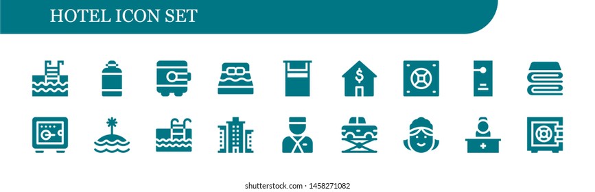 hotel icon set. 18 filled hotel icons.  Collection Of - Swimming pool, Canteen, Safebox, Bed, House, Door hanger, Blanket, Island, Building, Bellboy, Elevator, Maid, Reception