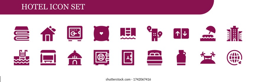 hotel icon set. 18 filled hotel icons. Included Blanket, House, Safebox, Pillow, Pool, Building, Elevator, Island, Swimming pool, Bus stop, Hut, Bed, Canteen, Travel icons