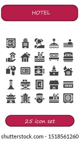 hotel icon set. 25 filled hotel icons.  Simple modern icons about  - Safebox, Building, Vacation, Island, Swimming pool, House, Double bed, Bed, Hotel key, Elevator, Reception