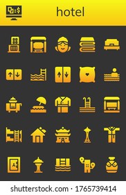 hotel icon set. 26 filled hotel icons.  Simple modern icons such as: Shopping center, Gambling, Bus stop, Maid, Blanket, Single bed, Elevator, Swimming pool, Pillow, Room service
