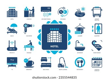 Hotel-Icon-Set. Strand, Check-in, Pool, Wäscheservice, Flughafentransfer, Bett-Auswahl, TV, Exchange. Duotone-Farbsymbole