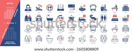 Hotel icon set. Beach, Check in, Pool, Laundry, Reception, Bed Choice, Parking, Exchange. Duotone color solid and editable outline icons