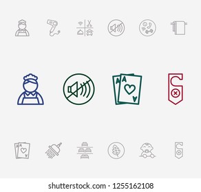 Hotel icon set and bed choice with shower, big towels and hair dryer. Happy baby related hotel icon vector for web UI logo design.