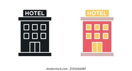 hotel icon set in black and colored versions.
