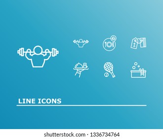 Hotel icon set and breakfast with room card, tennis court and pool. Swimming related hotel icon vector for web UI logo design.