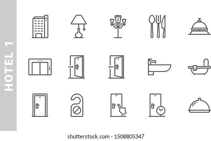 hotel icon set. building, lamp, and door, Outline Style. vector