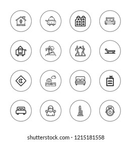 Hotel icon set. collection of 16 outline hotel icons with beach, bed, building, canteen, hang out, house, island, pillow, room service, skyscraper, swimming pool icons.
