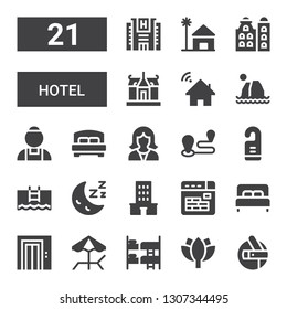 hotel icon set. Collection of 21 filled hotel icons included Shuttle, Lotus, Bunk, Beach, Elevator, Bed, Buildings, Building, Sleep, Pool, Door hanger, Travel, Reception, Maid