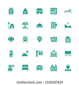 hotel icon set. Collection of 25 filled hotel icons included Maid, Building, Bed, Single bed, Sleep, Bus stop, Hotel signal, Door hanger, House, Dinner, Lotus, Room service