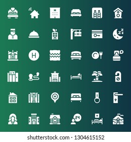hotel icon set. Collection of 36 filled hotel icons included Bungalow, Medical bed, Room service, House, Building, Reception, Door handle, Key chain, Bed, Hotel, Door hanger, Island