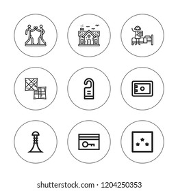 Hotel icon set. collection of 9 outline hotel icons with building, door hanger, hang out, maid, house, key card, pillow, safebox icons. editable icons.