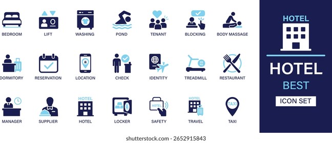 Hotel icon set collection. Bedroom, lift, washing, pond, tenant, blocking, body massage, dormitory, reservation, location, safety and best solid icon set.