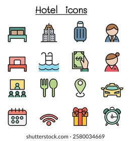 Hotel icon set in color line style