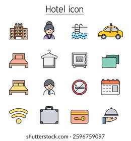Hotel icon set in color line style