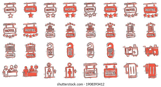 Hotel icon set in comic style. Booking cartoon vector illustration on white isolated background. Vacation reservation splash effect business concept.