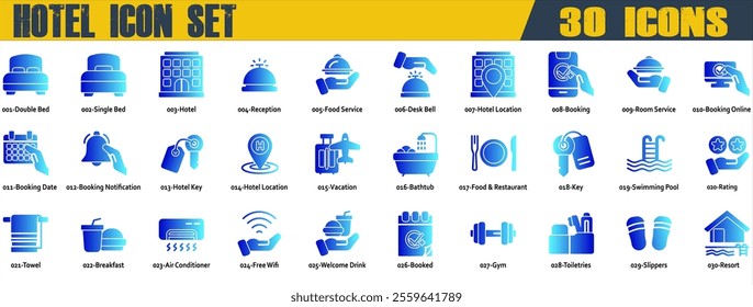 Hotel icon set. Containing Food and Room Service, Booking Date and Notification,Hotel Key,Food and Restaurant,Swimming Pool,Towel,Breakfast,Free Wifi,Welcome Drink. Solid Gradient