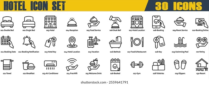 Hotel icon set. Containing Food and Room Service, Booking Date and Notification,Hotel Key,Food and Restaurant,Swimming Pool,Towel,Breakfast,Free Wifi,Welcome Drink. Outline