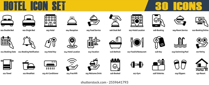 Hotel icon set. Containing Food and Room Service, Booking Date and Notification,Hotel Key,Food and Restaurant,Swimming Pool,Towel,Breakfast,Free Wifi,Welcome Drink. Mixed