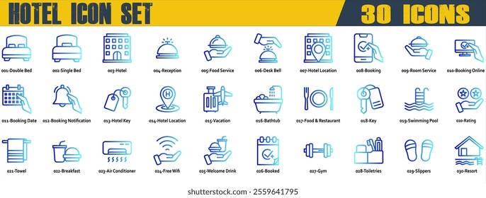 Hotel icon set. Containing Food and Room Service, Booking Date and Notification,Hotel Key,Food and Restaurant,Swimming Pool,Towel,Breakfast,Free Wifi,Welcome Drink. Line Gradient