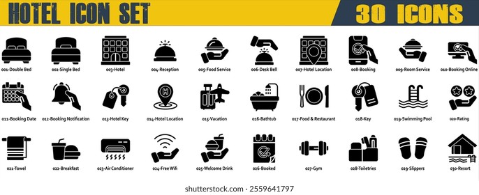 Hotel icon set. Containing Food and Room Service, Booking Date and Notification,Hotel Key,Food and Restaurant,Swimming Pool,Towel,Breakfast,Free Wifi,Welcome Drink. Solid