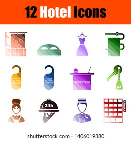 Conjunto de iconos del hotel. Diseño de la escalera de color plana. Ilustración vectorial.