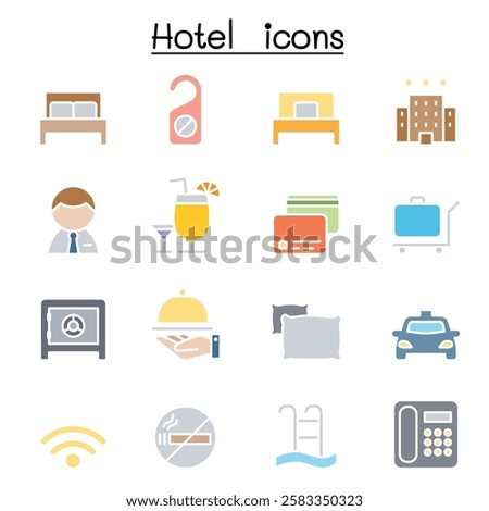 Hotel icon set in flat color style