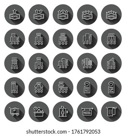 Hotel icon set in flat style. Booking vector illustration on black round background with long shadow effect. Vacation reservation circle button business concept.