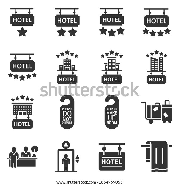 Hotel icon set in flat style. Booking vector\
illustration on white isolated background. Vacation reservation\
business concept.