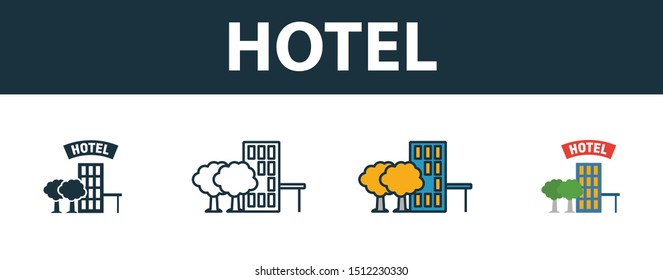Hotel icon set. Four elements in diferent styles from tourism icons collection. Creative hotel icons filled, outline, colored and flat symbols.