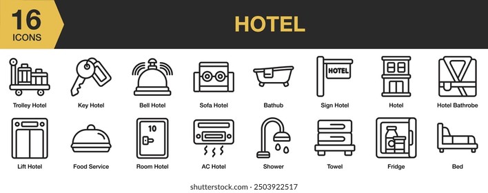 Conjunto de iconos de hotel. Incluye llave de hotel, bañera, ducha, sofá, carro y más. Colección de Vector de iconos de contorno.