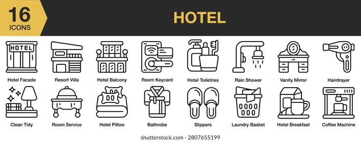 Hotel icon set. Includes rooms, reception, luggage, reservations, guest services, hospitality facilities and More. Outline icons vector collection.