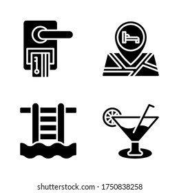 Juego de iconos del hotel = tarjeta de llave, pin, piscina, cóctel