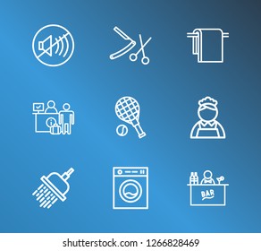 Hotel icon set and laundry with check in, tennis court and bar. Reception related hotel icon vector for web UI logo design.