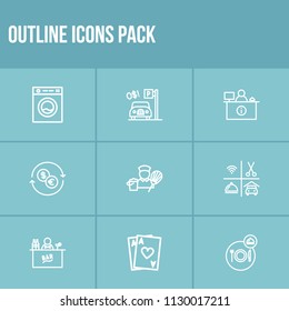 Hotel icon set and laundry with complementary, free parking and casino. Washer machine related hotel icon vector for web UI logo design.