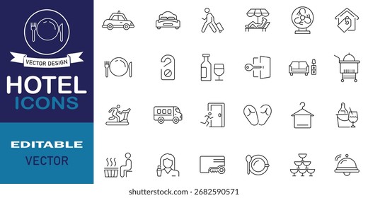 Hotel icon set in line style. Hotel service line icons element luggage, booking, bed, room service, key, breakfast, room, service, reception and more concept. Editable stroke. Vector illustration.