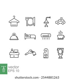 Hotel icon set. Room, guest, reception, bed, breakfast, hospitality, concierge, inn, line sign symbol. Simple outline style. Vector illustration design isolated on white background. EPS 10.