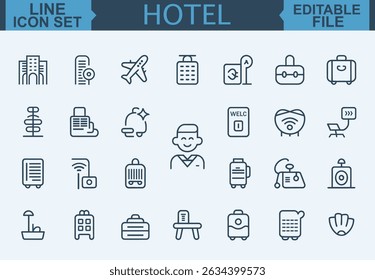 Hotel Icon Set Room, Reception, Taxi, Booking, Hostel, Key Card, Check-In, Passport, Safe, Laundry, Fitness, and Pool Symbols in Vector Illustration	
